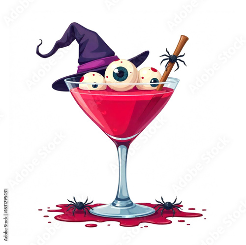 Halloween cocktail with blood, eyeballs, spiders in a beautiful glass