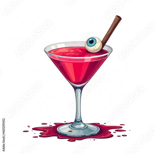 Halloween cocktail with blood, eyeballs, spiders in a beautiful glass