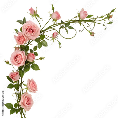 Elegant pink rose vine corner design with delicate blooms and green leaves.
