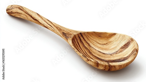 Wooden ladle, light brown, with intricate wood grain, isolated on white