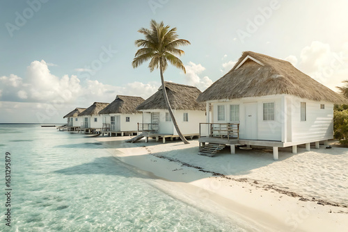 Fototapeta Naklejka Na Ścianę i Meble -  Tropical overwater bungalows on a white sand beach