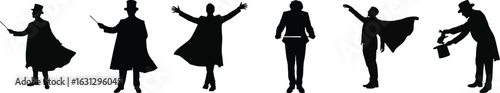 Magician silhouette vector set with magic wand, hat, and cape performing tricks and illusions isolated on white background