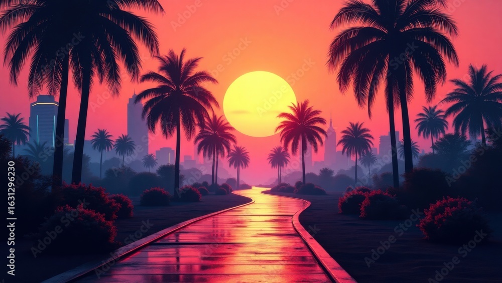 Naklejka premium Vibrant Sunset Over Palm Tree Lined Coastal Highway