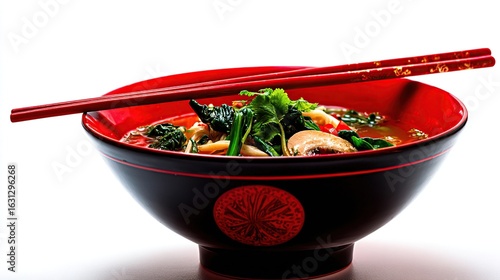 A vibrant bowl of ramen with green vegetables, mushrooms, and red chopsticks on a white background