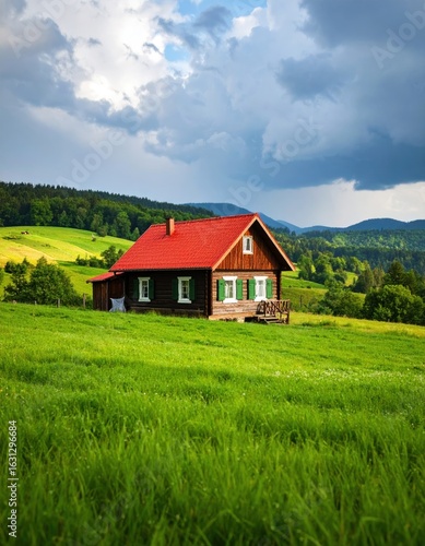 Quaint chalet in green fields under dramatic sky