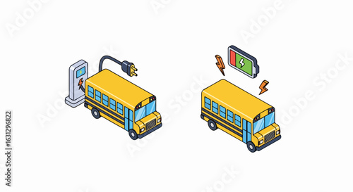 Isometric yellow electric school bus at a charging station and with a battery level icon.