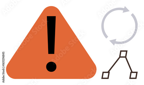 Orange caution sign with exclamation mark, circular arrow, and hierarchical diagram. Ideal for safety, workflow, alert, process, risk, warning organization simple flat metaphor