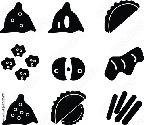Savory battered bites icon set, collection of fast food vector template designs elements, group of deep-fried snacks icons, crispy appetizer icons, tasty fried food items vector bundle