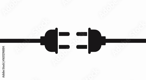 Minimalist black silhouette of a two-prong electric plug and socket about to connect, representing connection and power.
