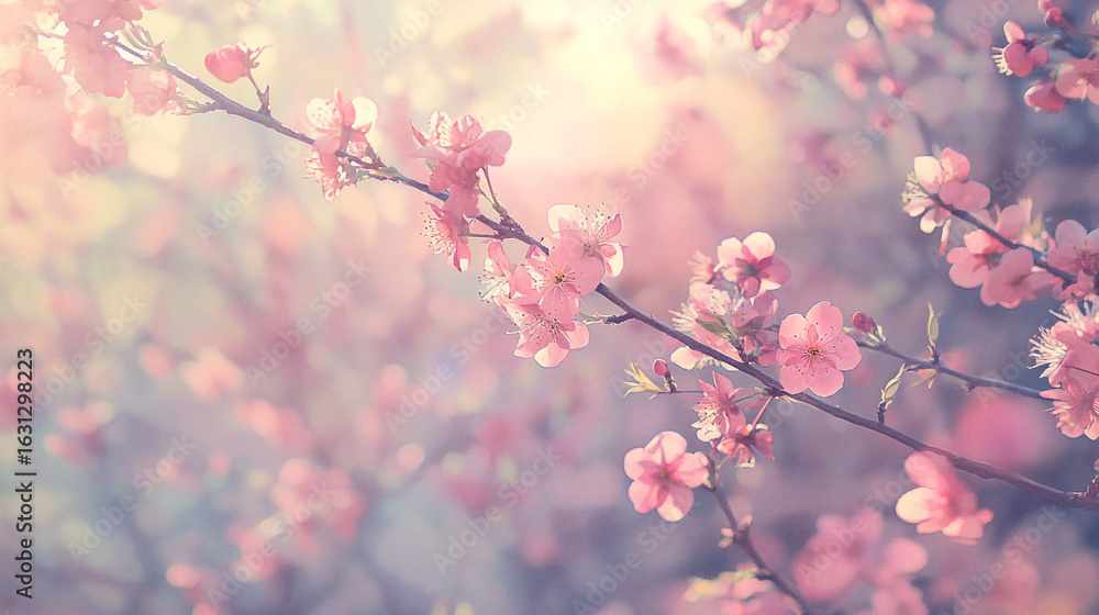 Pink blossoms on a branch in soft sunlight a springtime scene Pink blossoms on a branch in soft sunlight a springtime scene