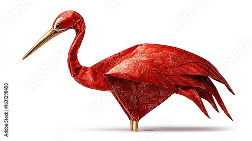 Intricate red origami crane, detailed folds, patterned paper, long neck, slender beak, gold legs, isolated on white
