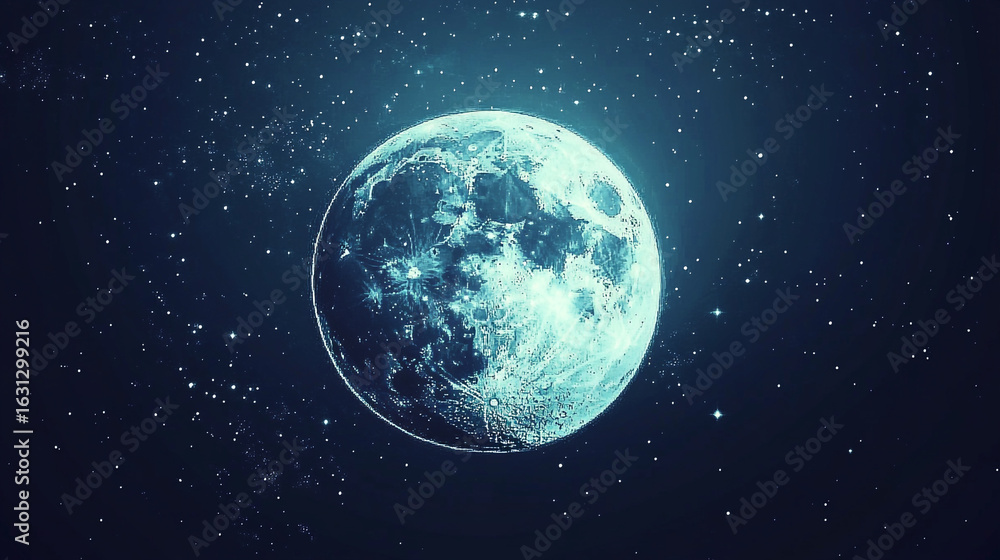 Fototapeta premium A luminous moon shines brightly in a dark starry night sky its surface textured and detailed