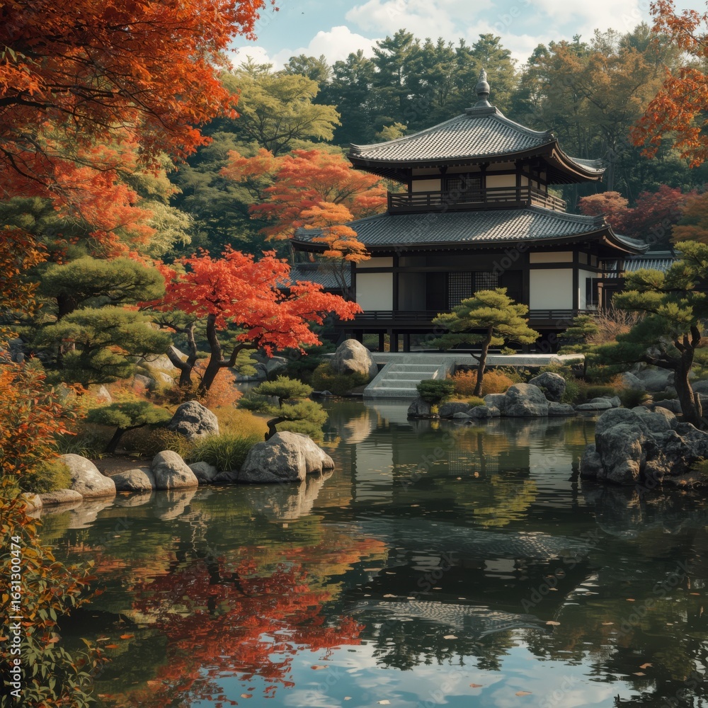 Obraz premium Serene Japanese Garden With Pagoda In Autumn Splendor