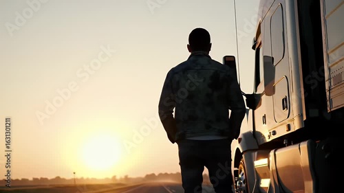 Man in Denim Jacket Stands Near Semi Truck on Open Road at Sunset with Orange Sky
