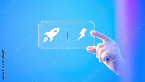 Conceptual Digital Acceleration A Hand Interacting with a Transparent Button Featuring a Rocket and Lightning Bolt Symbolizing Speed and Innovation in Technology and Business