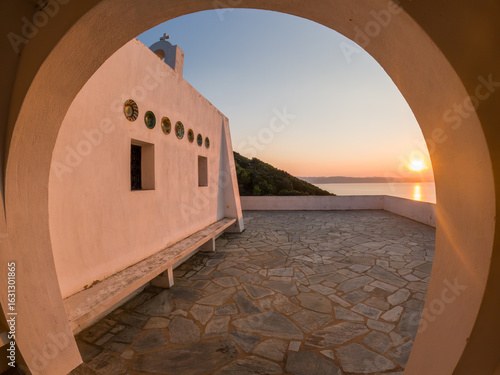 View of Agios Alexandros church in Skiathos, Greece. 