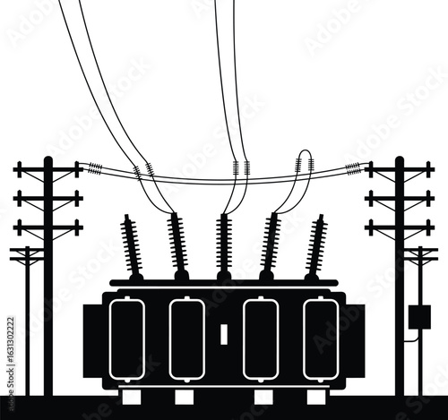 Electric power transformer station vector, high voltage equipment, energy distribution, substation silhouette, industrial power grid system, black and white illustration