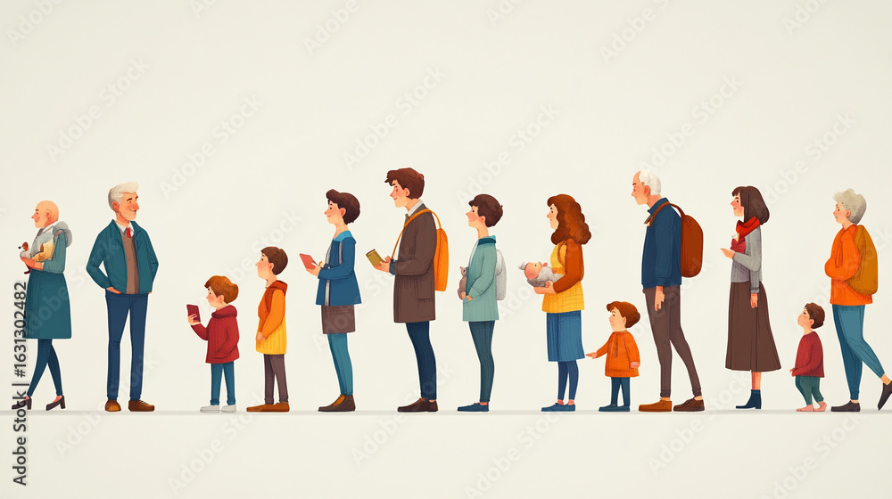 Diverse people standing in a line waiting patiently together Diverse people standing in a line waiting patiently together