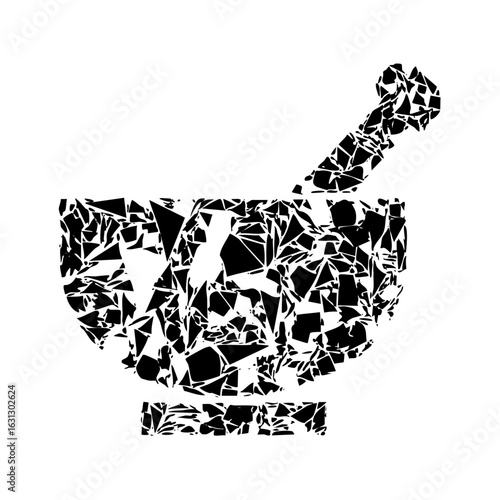 Vector Fragmented mortar and pestle represents pharmaceutical concepts.