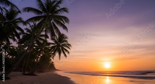 Stunning tropical beach sunset with palm trees and ocean waves