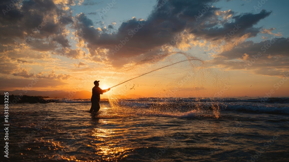 Fototapeta premium Solitary fisherman casts his line during a golden sunset