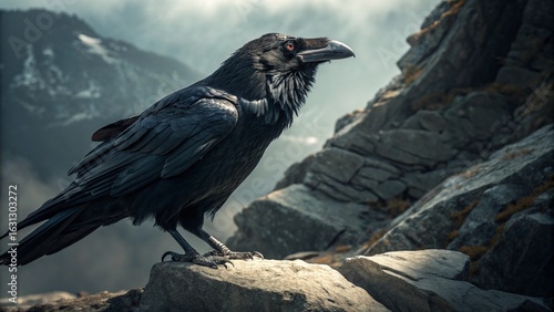 A solitary black raven with a sharp beak stands on the rocks in the wild