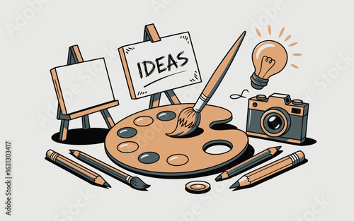 Art supplies and lightbulb representing creative ideas Keywords: ideas, creativity, art