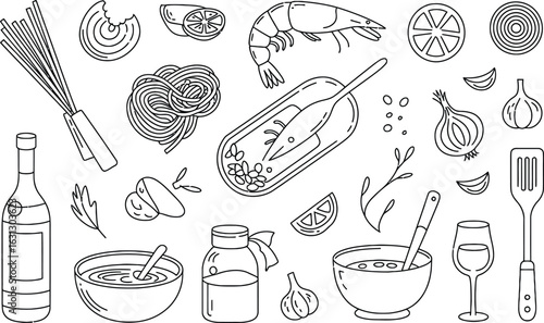Hand drawn food ingredients and cooking elements Keywords: food, cooking, ingredients, pasta