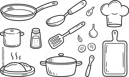 Hand drawn kitchen utensils and cooking elements Keywords: kitchen, cooking, food, utensils, pan
