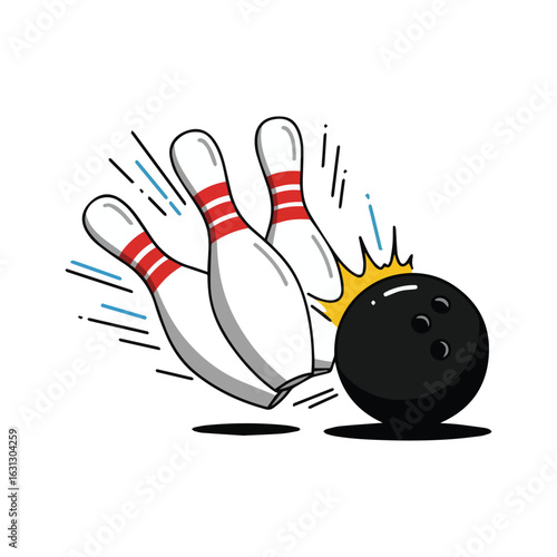 Bowling Ball Strikes Pins Illustration of a Bowling Ball Hitting Bowling Pins, Bowling Ball Delivering Strike, Cartoon Illustration Showing Speed and Power