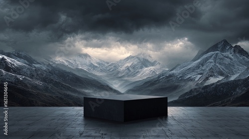 Modern podium with mountain backdrop for product display