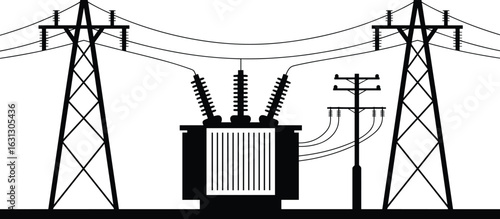 High voltage electric transformer station, power transmission lines and pylons, energy distribution infrastructure, black and white silhouette illustration vector