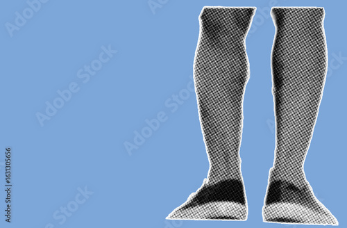 Close up rear view of feet wearing canvas shoes pixelate color halftone dotted texture style collage element isolated on blue background
