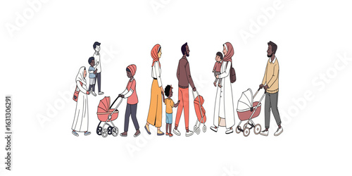 Print  Different nationalities families. Various ethnicities people, arabian and chinese, asians, european and indian, parents with kids standing, parenthood concept cartoon flat tidy vector set 