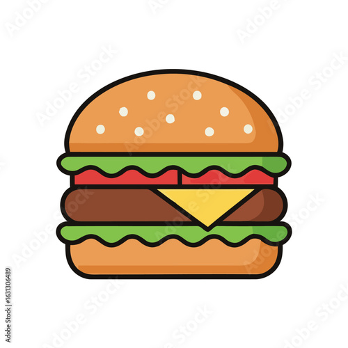 Colorful hamburger icon illustration. A flat design vector graphic of a cheeseburger for fast food concept.