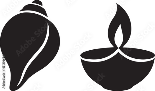 Indian shankh and diya symbols isolated on white background