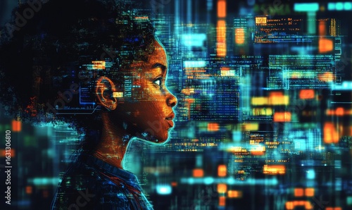 Cybersecurity threat illustration featuring a Black African American female IT specialist analysing data and information technology to prevent privacy leaks. Concept incorporates AR-AI, Generative AI