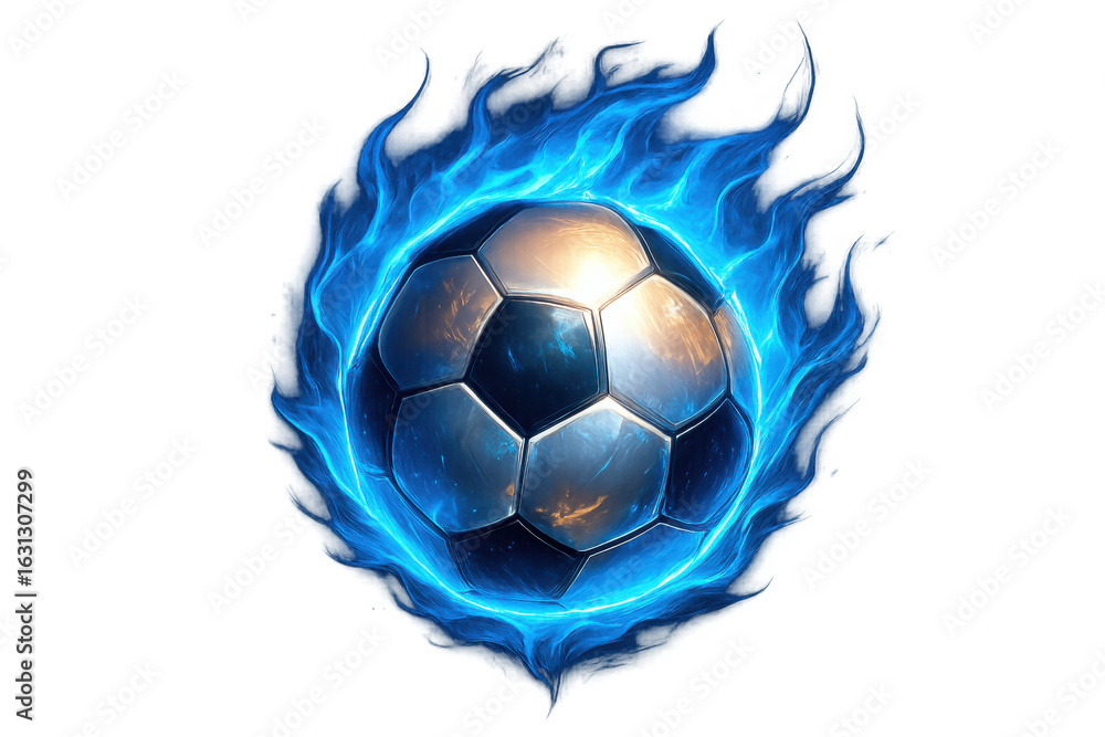 Fototapeta premium Soccer ball engulfed in vivid blue flames, burning against transparent backdrop, perfect for dynamic sports graphic design
