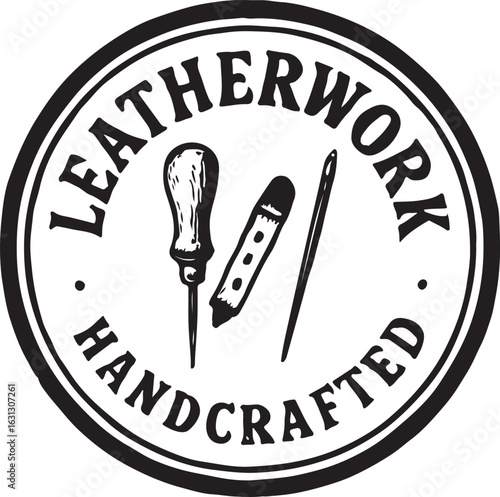 Leather work handcrafted emblem with tools isolated on white background