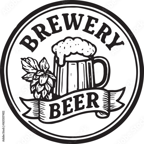 Vintage brewery beer emblem with mug and hops isolated on white background