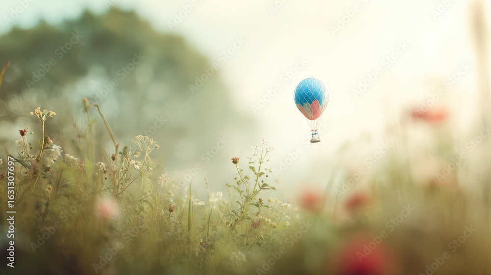 Fototapeta premium A miniature hot air balloon floats above a field of wildflowers.