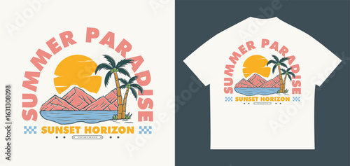 Retro summer paradise sunset illustration featuring a tropical horizon landscape. Perfect for apparel, t-shirt prints, urban designs, posters, and more