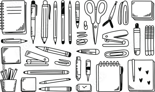Variety of hand-drawn stationery and writing tools