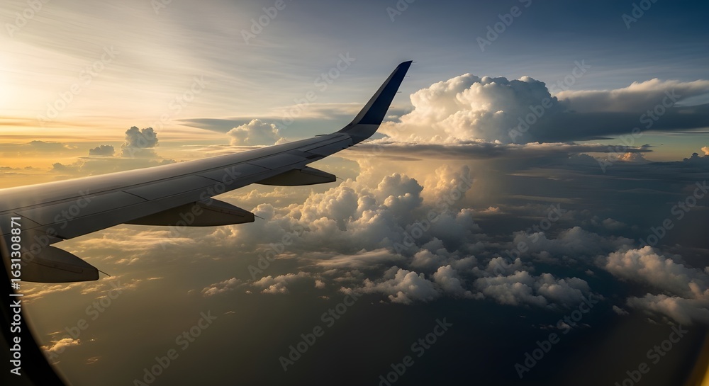Obraz premium Airplane wing above dramatic clouds at sunset, travel adventure