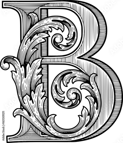 Ornate Capital Letter B Vintage Design Element