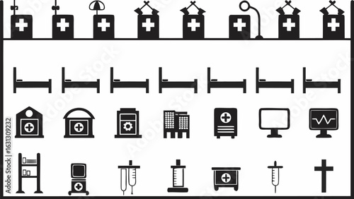 Black and white illustration depicting various hospital related icons and equipment in a grid format silhouette