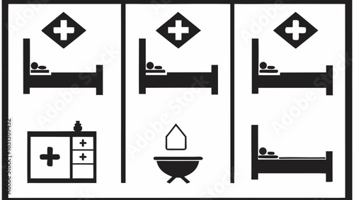 Illustration of hospital rooms with beds, medical symbols, and a brazier in a triptych arrangement silhouette