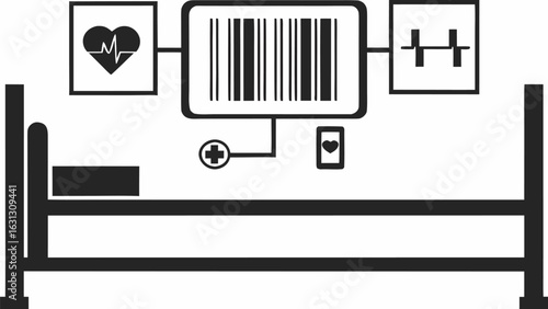 Illustration of a hospital bed with health monitoring symbols including a barcode and heartbeat icon silhouette