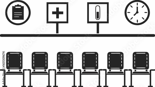 Illustration of a waiting room with chairs signs and a clock in a medical or professional setting space silhouette