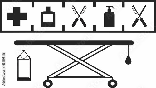 Illustration depicting a medical examination table with oxygen tank and medical symbols above it silhouette